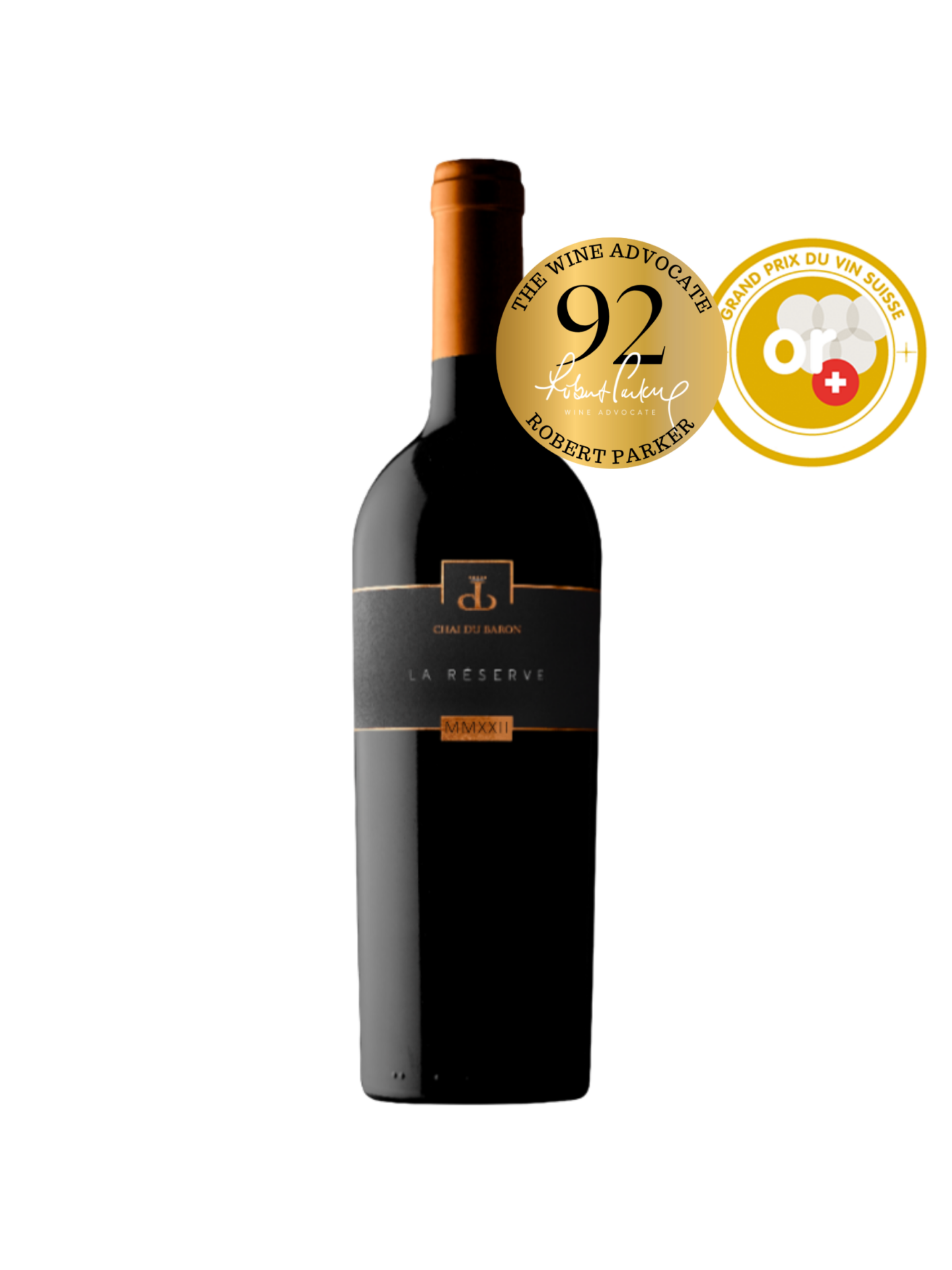 Bouteille La Réserve du Chai Vin Rouge Merlot Cabernet Franc Cabernet Sauvignon Cave Chai du Baron 92 points Parker Wine Advocate Grand Prix Vin Suisse